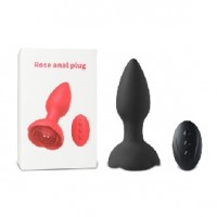 Anal Plug with Rose Base Vibrating 10-Speed Remote Control Silicone Black